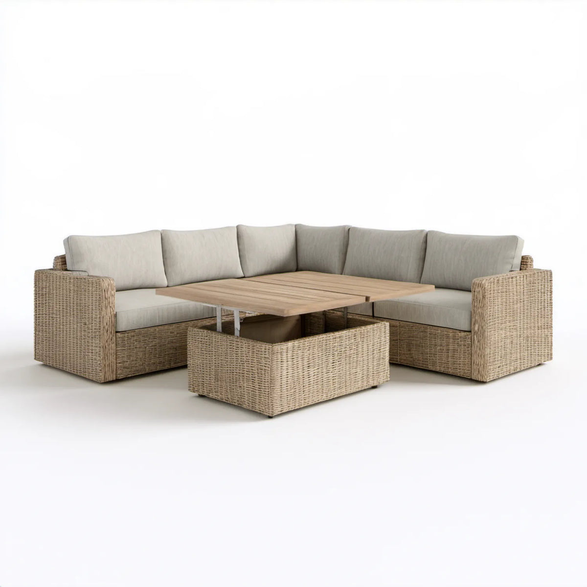 Ogrodowy narożnik z technorattanu z podnoszonym blatem 250 x 250 x 70 cm Beżowy/Jasnoszary/Jasnobrązowy