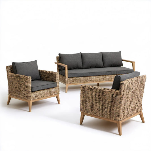 Zestaw ogrodowy z sofą 3-osobową i 2 fotelami, szary/brązowy, sofa 180 x 75 x 75 cm, fotele 75 x 75 x 75 cm
