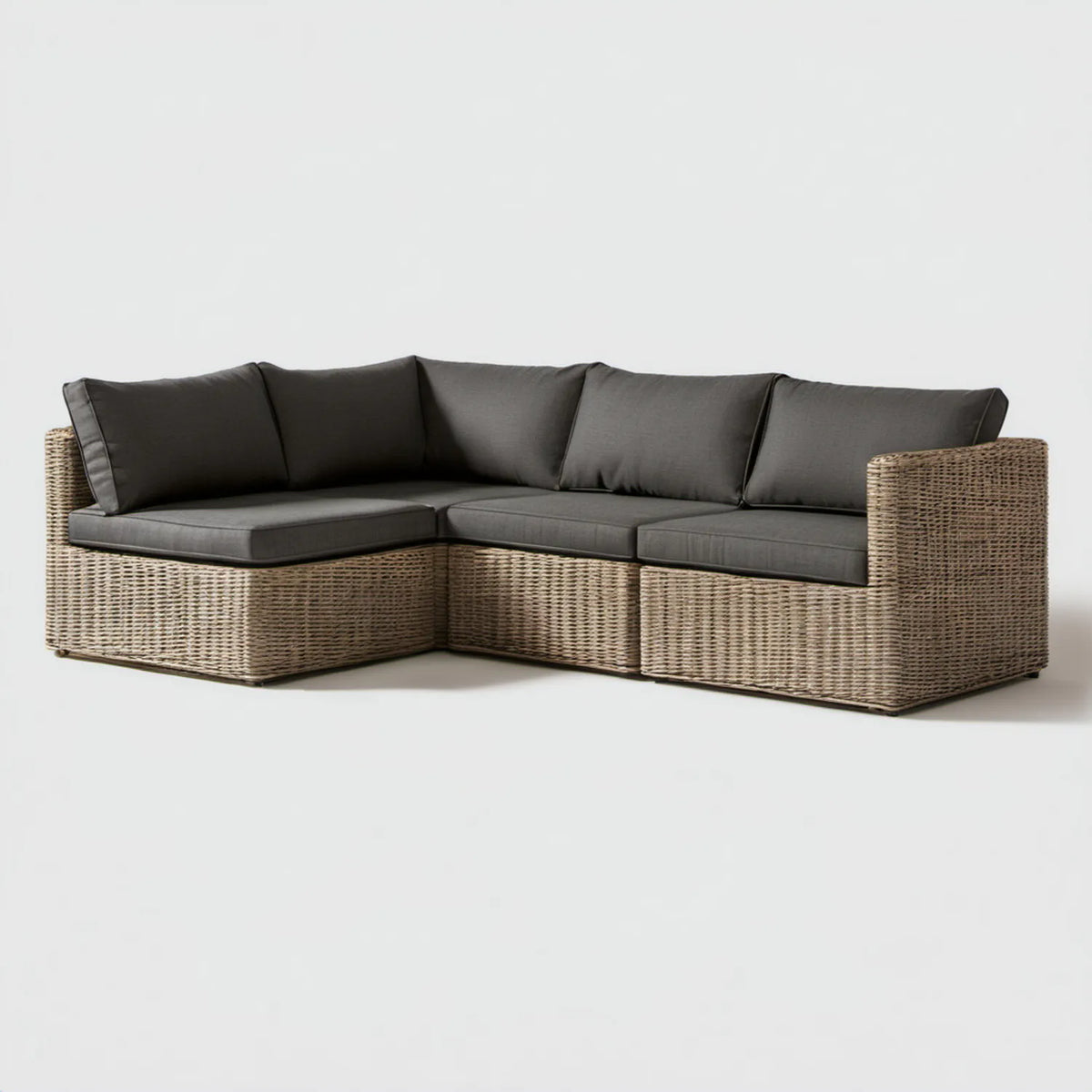 Narożna sofa ogrodowa z technorattanu PE 250 x 190 x 85 cm, szary beż/ciemnoszary, z poduszkami