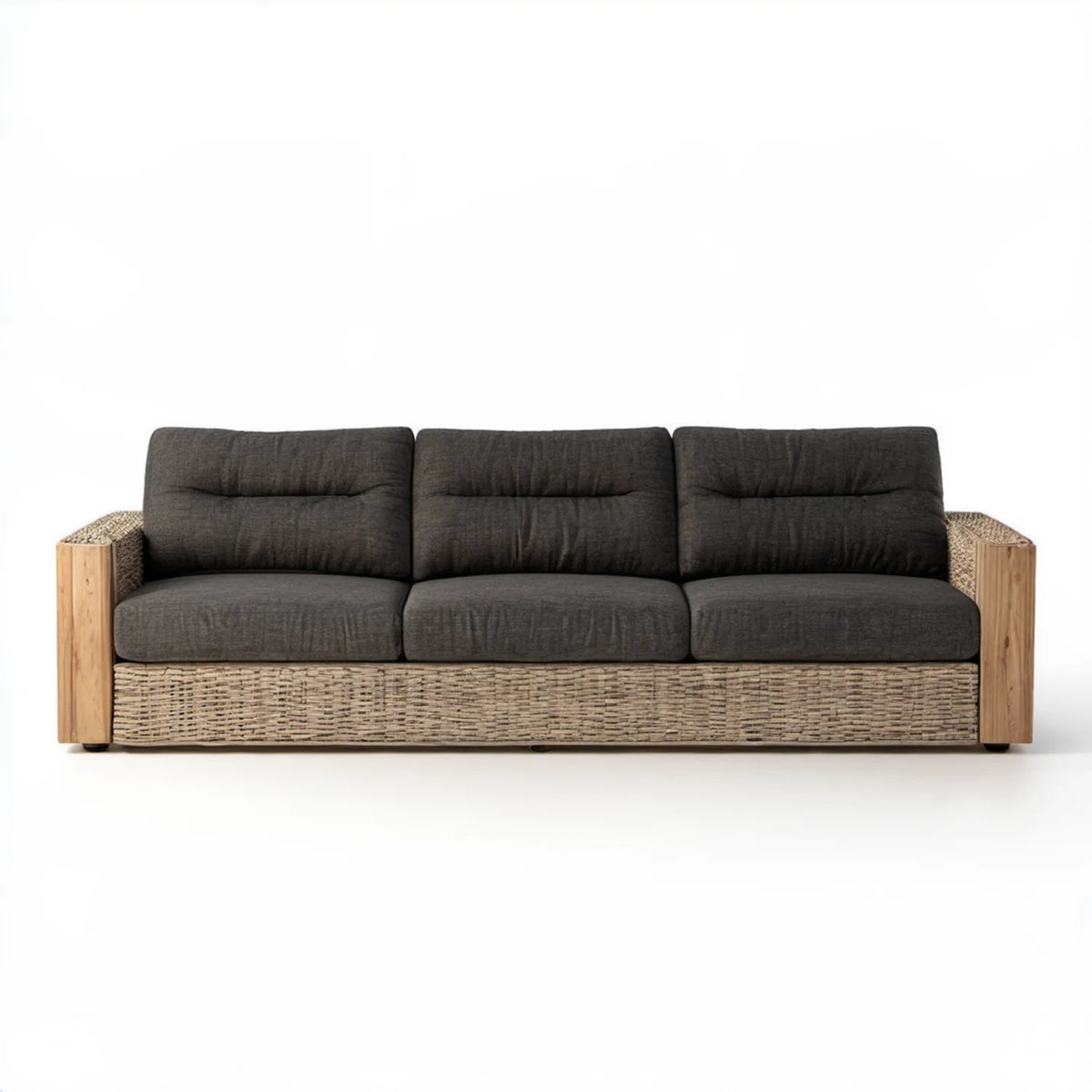 Trzyosobowa sofa ogrodowa grafitowo-beżowa z drewna akacjowego i plecionki PE, 220 × 85 × 80 cm