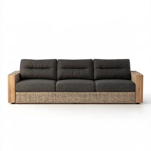 Trzyosobowa sofa ogrodowa grafitowo-beżowa z drewna akacjowego i plecionki PE, 220 × 85 × 80 cm