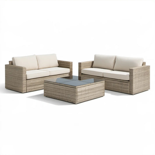 Zestaw ogrodowy z 2 sofami dwuosobowymi 124 x 67 x 75 cm i stolikiem 100 x 60 x 45 cm, szarobeżowy/kremowy/czarny