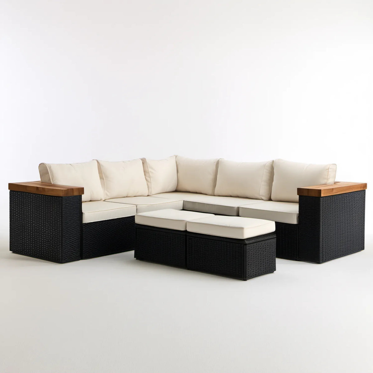 Modułowy narożny zestaw ogrodowy z technorattanu PE 250 x 250 x 70 cm Czarny/Kremowy/Brązowy