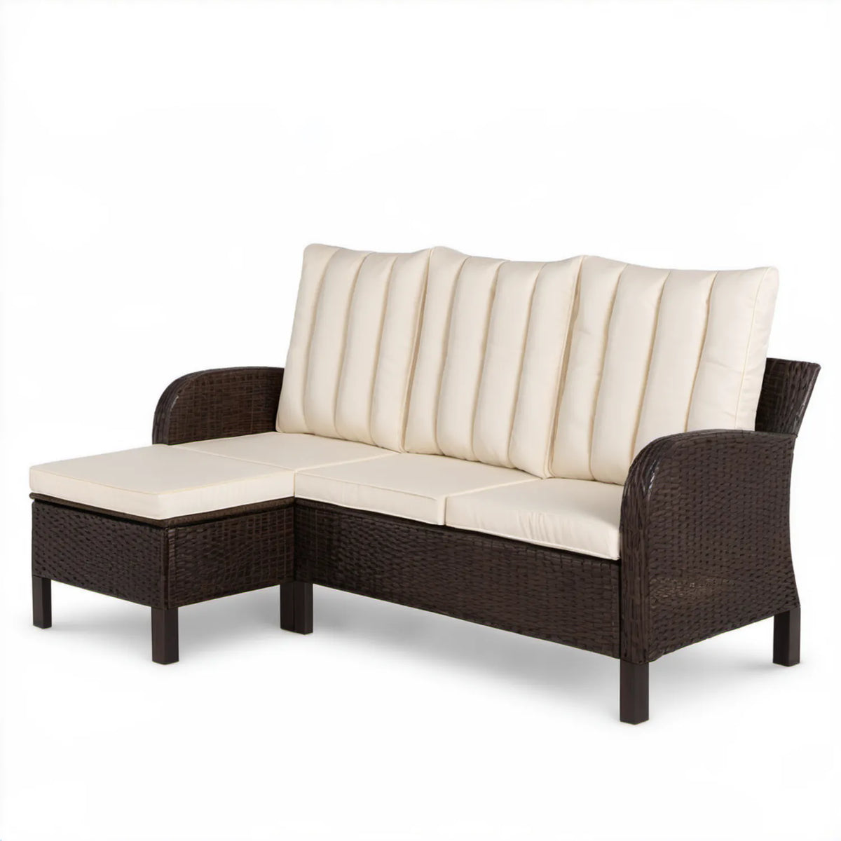 Dwuosobowa sofa ogrodowa z podnóżkiem z technorattanu PE, brązowo-kremowa, 130 × 70 × 85 cm