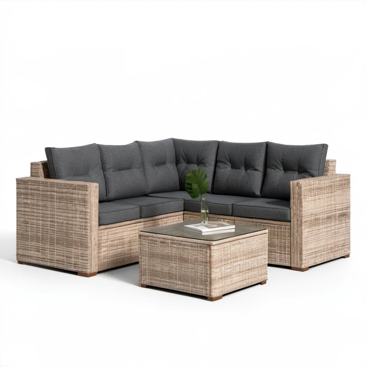 Narożny komplet wypoczynkowy z technorattanu beżowo-szary 210 x 210 cm ze stolikiem