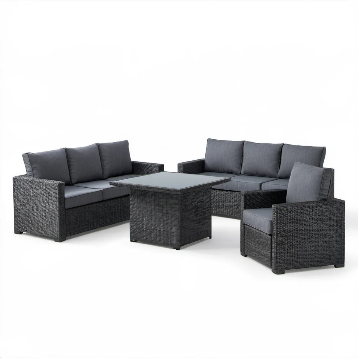 7-osobowy zestaw z technorattanu czarno-ciemnoszary, 2 sofy 182 x 70 x 75 cm, fotel 70 x 70 x 75 cm i stół 120 x 70 x 66 cm
