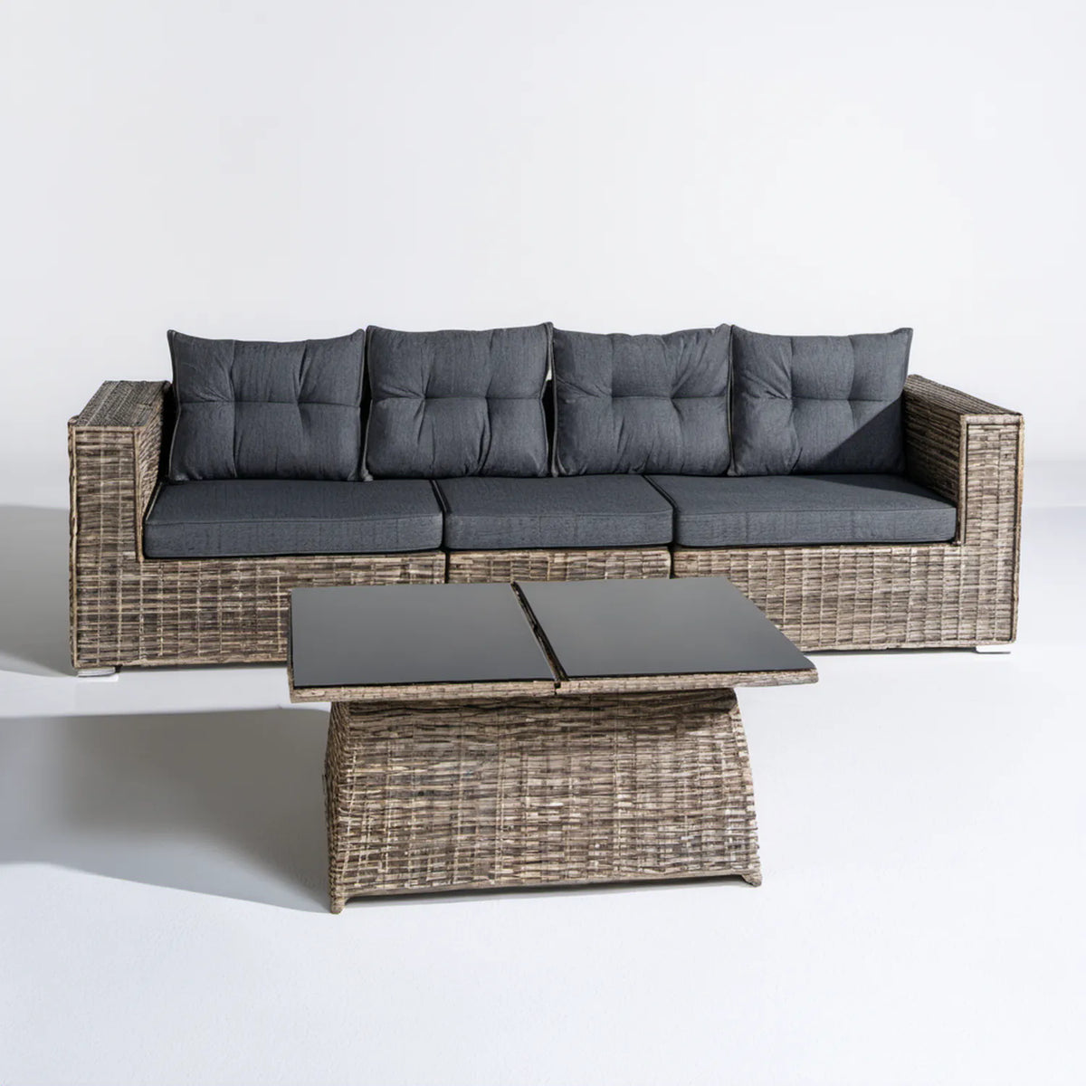 3-osobowa sofa ogrodowa ze stolikiem z technorattanu PE, szarobrązowa/grafitowa, 220 × 75 × 85 cm