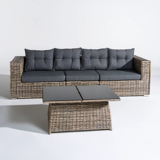 3-osobowa sofa ogrodowa ze stolikiem z technorattanu PE, szarobrązowa/grafitowa, 220 × 75 × 85 cm